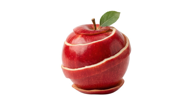 Red apple with peel spiral cut on transparent background.
