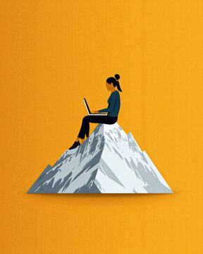 Woman sitting on mountain using laptop, with copy space against orange background, illustrating remote work and digital technology