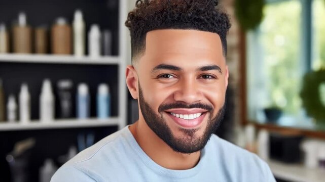 Smiling man with curly hair and groomed beard in a hair salon
