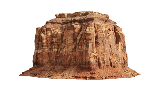 Large sandstone rock formation with stratified layers and erosion in a desert landscape
