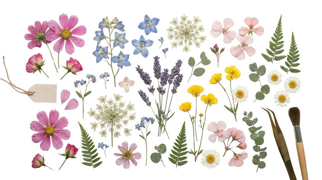 Pressed dried wildflower collection featuring various petals leaves and tools for floral artwork