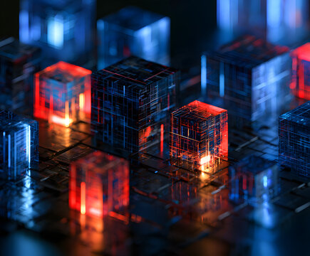 Conceptual 3D rendering of a modular abstract data platform architecture solution, set against a backdrop of digital infrastructure and technological foundations.