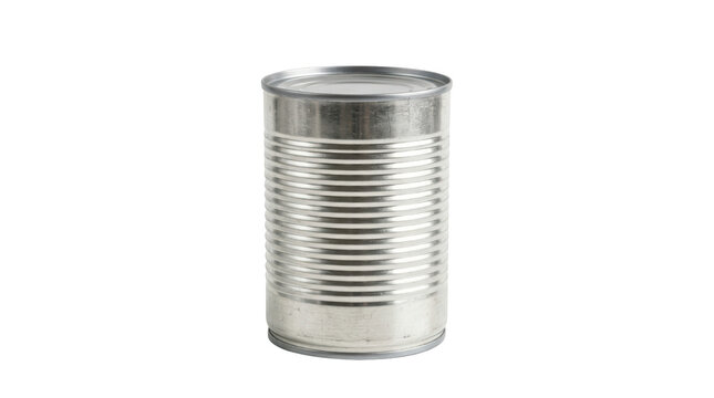 Aluminum tin can with rippled texture for food packaging and storage isolated on transparent background.