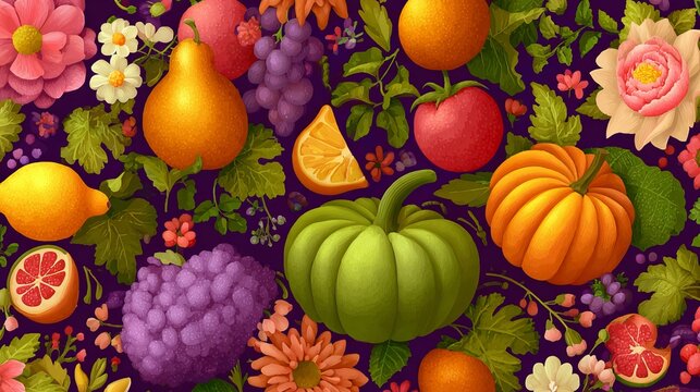 Vibrant autumn harvest vector pattern featuring colorful pumpkins and juicy fruits against a deep dark purple background
