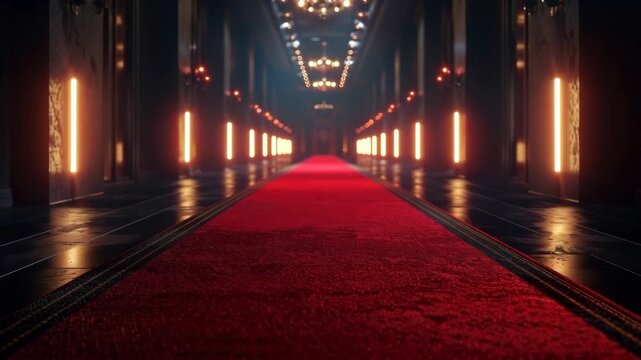 Cinematic View of a Luxury Corridor with a Red Carpet and Gold Lighting