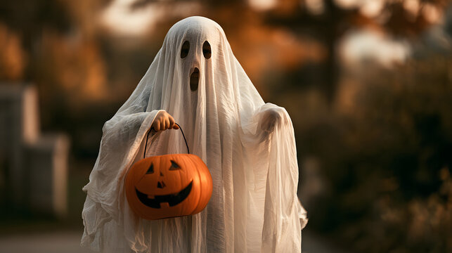 A child dressed like a ghost, wearing a white sheet, holding an orange pumpkin in a bucket, strolls outdoors during the autumn evening for Halloween