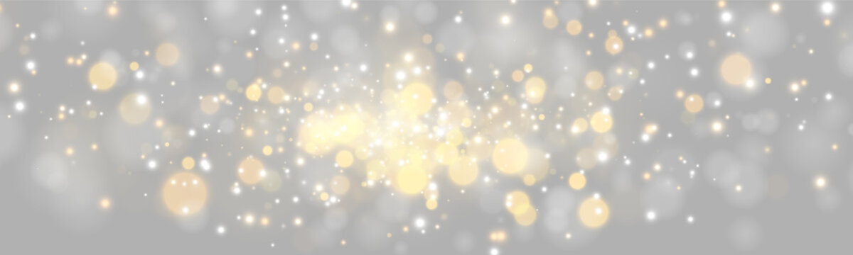 Golden and white bokeh lights create a soft shimmer effect. The circular lights vary in size and intensity across a dark background. This glowing particle pattern is ideal for festive or.