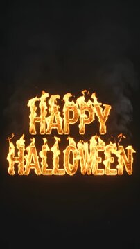 Happy Halloween text written in bright orange flames against a dark black background lock down