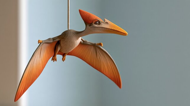 Side view of small toy pterodactyl hanging from a lamp cord like a climber, preparing to fly down. Humorous dinosaur photo for kids and humor blogs.