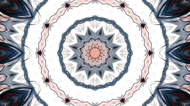 ​A seamless 4K motion loop featuring an intricate geometric mandala pattern with peach, dark teal, and white tones, ideal for dynamic backgrounds and surface design.