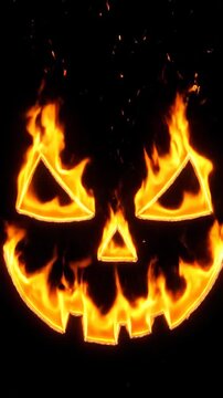 Flaming Jack-o'-lantern face glowing in darkness with orange fire flames and sparks, lock down