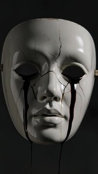 White mask with cracks and black liquid leaking from eyes against dark background, close up