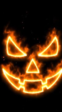 Flaming Jack-o'-lantern face glowing with bright orange fire on black background against copy space