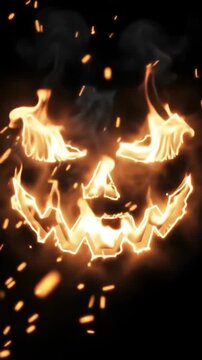 Flaming Jack-o'-lantern face made of fire against black background, lock down