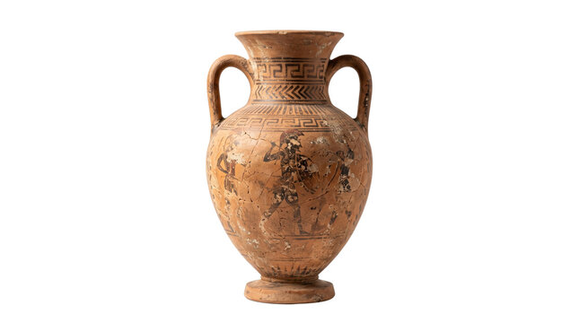 Ancient terracotta amphora vase with black-figure painting, antique Greek pottery vessel, historic ceramic urn artifact for museum exhibitions isolated PNG with Transparent Background