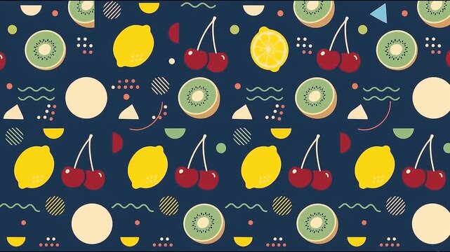 Seamless 10 second loop of colorful hand drawn fruit pattern with kiwi, cherries and lemons on blue