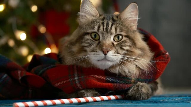 Cinematic close-up of a fluffy Kurilian Bobtail cat wrapped in a red plaid scarf with a candy cane straw, Christmas tree lights bokeh, cozy winter holiday pet concept
