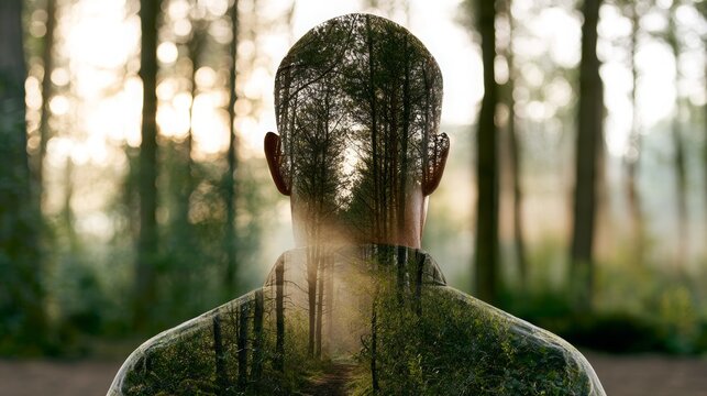 Man with forest double exposure symbolizing human connection to nature, environmental consciousness, spiritual growth, and tranquil contemplation within a vibrant ecosystem