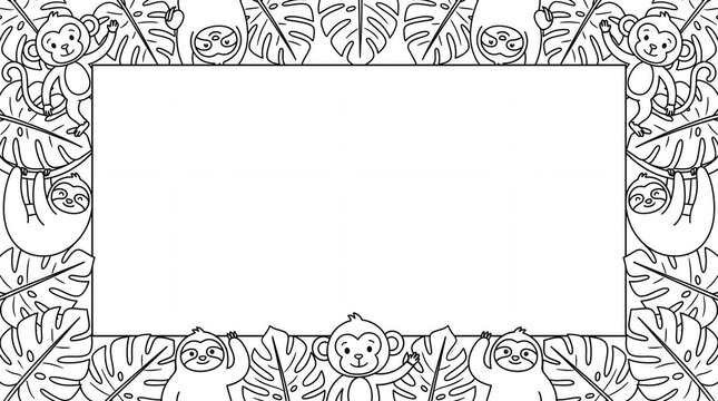 Cute monkeys and sloths jungle frame coloring page line art