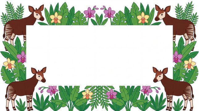 Tropical jungle frame with cute okapis, exotic flowers, and copy space