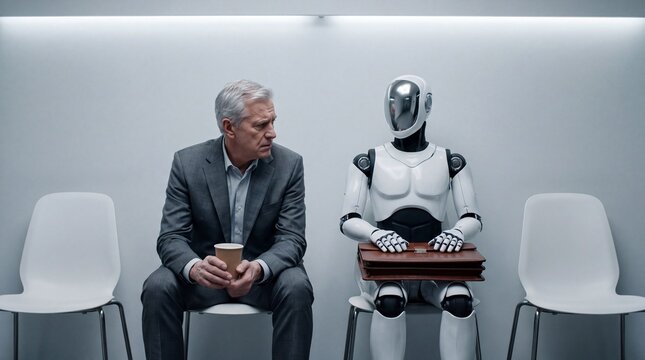 Businessman, AI robot sit in waiting room for job interview. Man holds coffee cup, stares thoughtfully. Robot holds briefcase. Futuristic scene represents future employment challenges, competition.