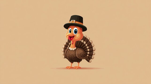 Cute cartoon turkey character wearing a pilgrim hat celebrating thanksgiving holiday with a cheerful expression and friendly smiling face