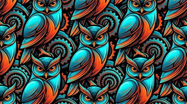 Vibrant seamless pattern featuring stylized mechanical clockwork owls intertwined with intricate industrial gear motifs in a striking cyan and orange color palette., isolated on a white background