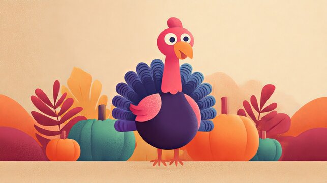 Cute cartoon turkey character standing proudly surrounded by colorful autumn pumpkins and seasonal fall foliage elements