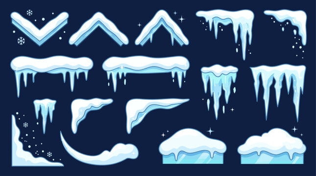 Snow caps, snowy ice and frozen icicles, vector cartoon icons, isolated on transparent background. Abstract snow frost caps and icicles of house roof shape for Christmas and New Year elements design