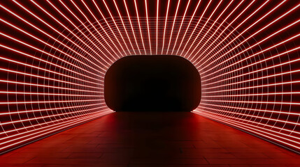 Fototapeta premium Futuristic tunnel illuminated by vibrant red technology lines creates captivating atmosphere 