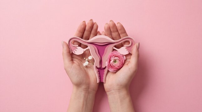 Woman holding a uterus model and pink flowers for female reproductive system health concept.
