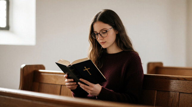 Young woman with glasses reads holy Bible sitting on wooden church bench. Protestant girl studies scripture in quiet sanctuary. Female student explores christian faith, religion through reading