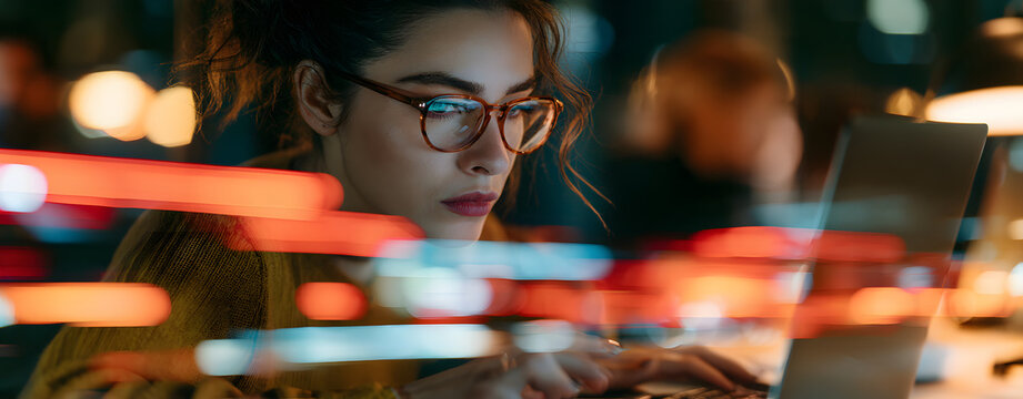 A young woman concentrates on her laptop under colorful neon lights at night