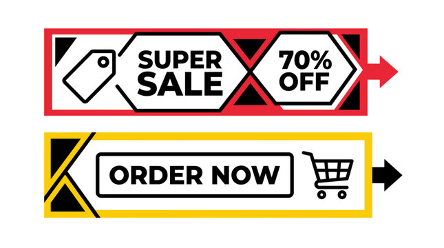Promotional banner with "Super Sale 70% Off" and "Order Now" buttons with icons for shopping and discounts.