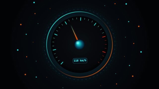 Digital speedometer dashboard interface showing 123 kmh speed with glowing neon blue and orange circular gauge elements on a dark background