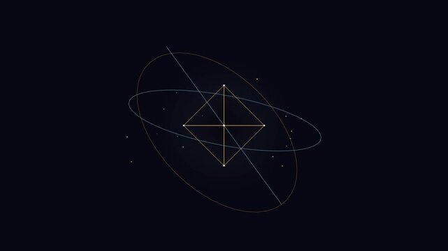 Geometric shapes orbiting cosmic voids with abstract glowing lines