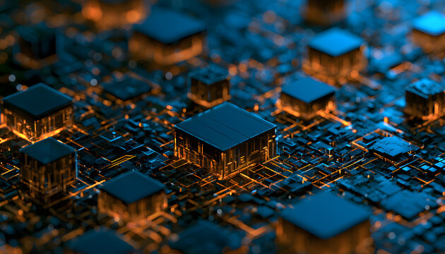 Conceptual 3D rendering of a modular abstract data platform architecture solution, set against a backdrop of digital infrastructure and technological foundations.