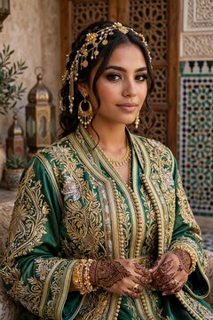 Beautiful Moroccan woman in traditional green caftan and jewelry