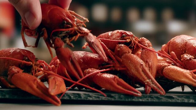Boiled European crayfish Astacus astacus river seafood freshwater cooked crustacean, noble crayfish, or broad-fingered crayfish, traditional food source.