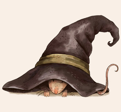 Illustration of a Little Mouse Under a Wizard Hat