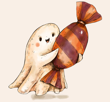 Cute Ghost Holding Candy Halloween Watercolor Illustration