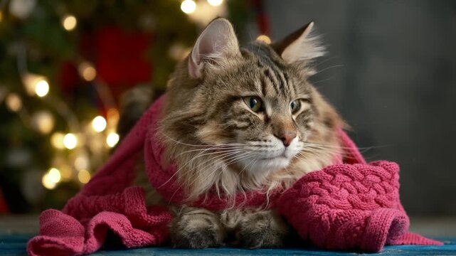 Cinematic Kurilian Bobtail cat wrapped in a cozy pink knitted blanket beside a glowing Christmas tree, with warm fairy lights and soft bokeh creating a festive, peaceful winter atmosphere