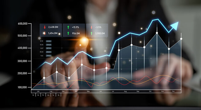 A focused business professional explores financial data through dynamic digital graphs and charts, illustrating trends and performance metrics for enhanced decision-making strategies. Scalp