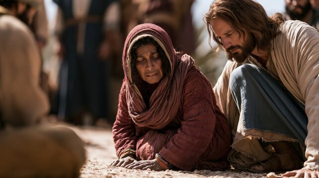 Canaanite woman kneeling before Jesus and pleading for her daughter, demonstrating extraordinary faith, humility, and persistence.