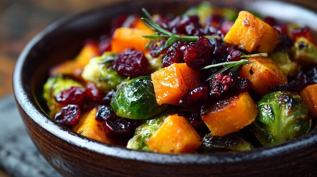 Roasted squash and brussels sprouts salad topped with dried cranberries and rosemary in wooden bowl close up
