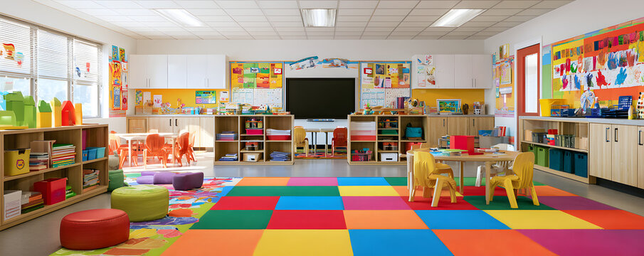 A classroom adorned with cheerful decorations, featuring plush rugs, playful toys, and eye-catching wall art, makes an attractive setting for young students.