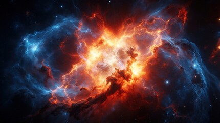 Fototapeta premium Vibrant cosmic explosion in dark space with bright orange red, blue nebula clouds. Massive stellar energy blast creates glowing gas clouds, intense light. Supernova event releases heat, plasma across