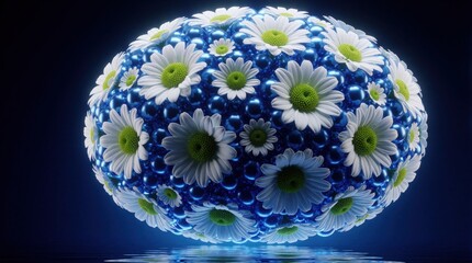 Fototapeta premium Abstract 3D sphere covered with white daisy flowers, shiny blue pearls. Glowing digital art shows floating orb with floral pattern. Ethereal concept of nature meets tech with vibrant blue light,