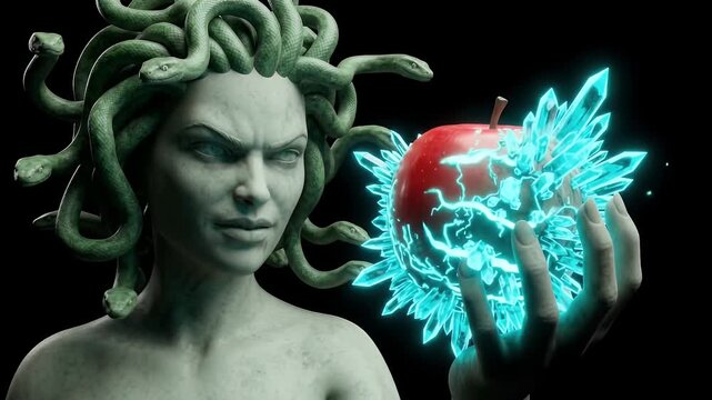 Mythical 4K Medusa Gorgon holding a glowing red apple with blue magical crystals under dark cinematic lighting.