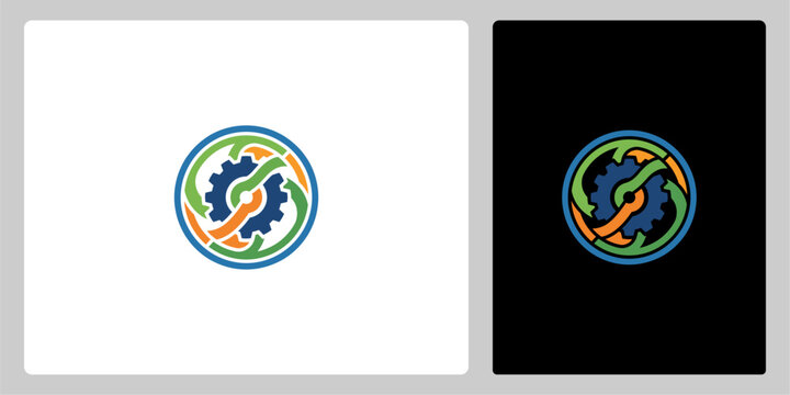Modern circular abstract logo design featuring interwoven gears and vibrant lines for technology and industry